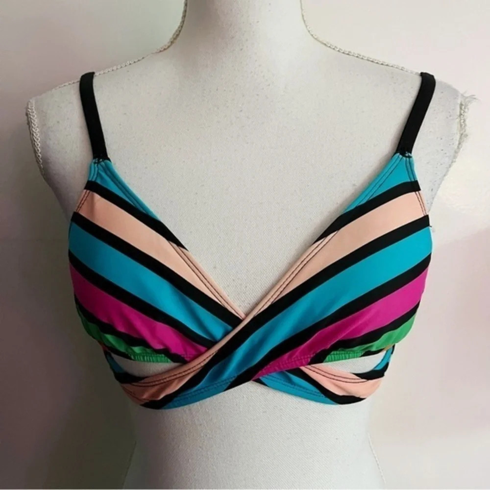 L’Amour by Nanette Lepore • Blue Pink Green Striped Twist Bikini Top